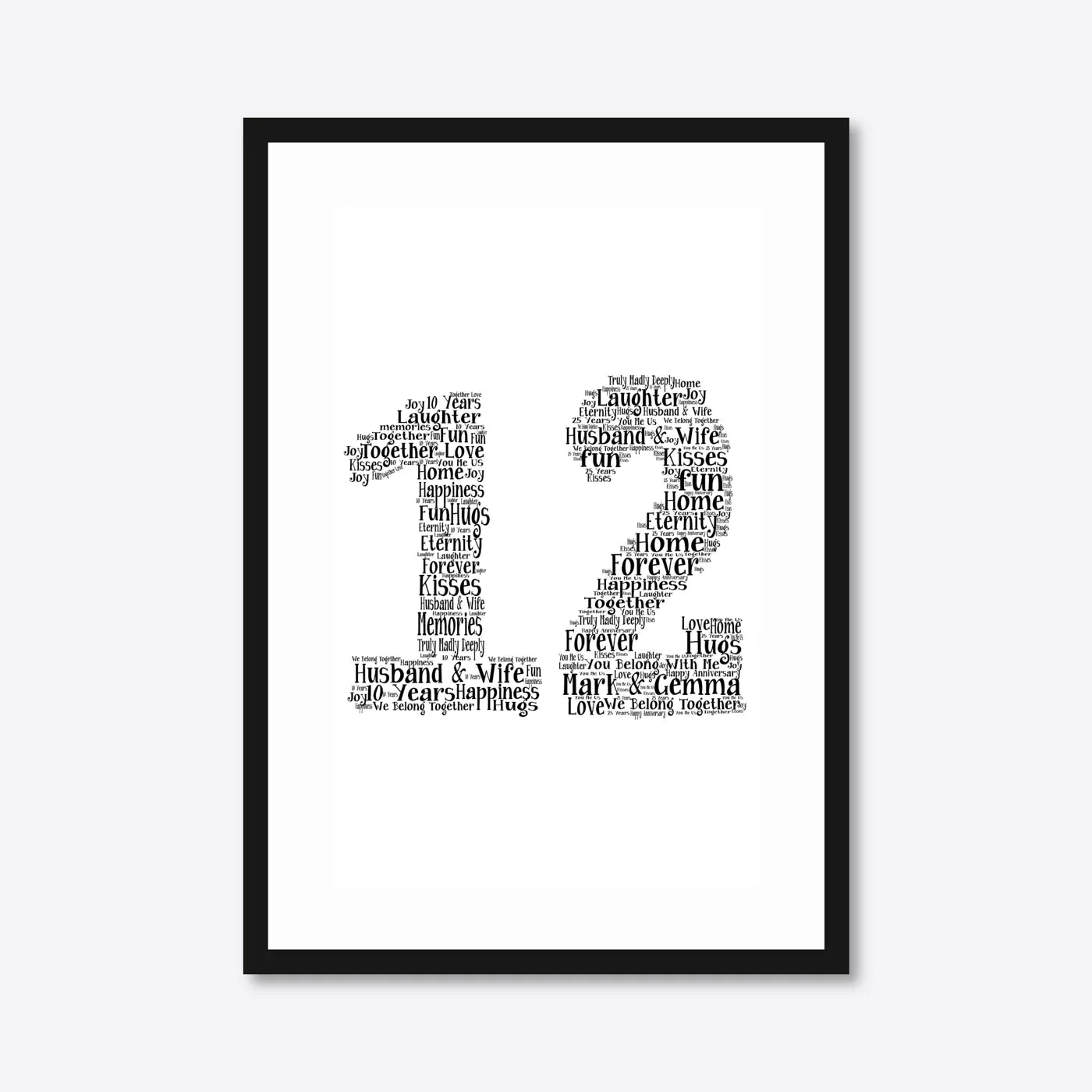 Personalised 25th Silver Anniversary Number Word Art – Names & Date – A3 – black frame