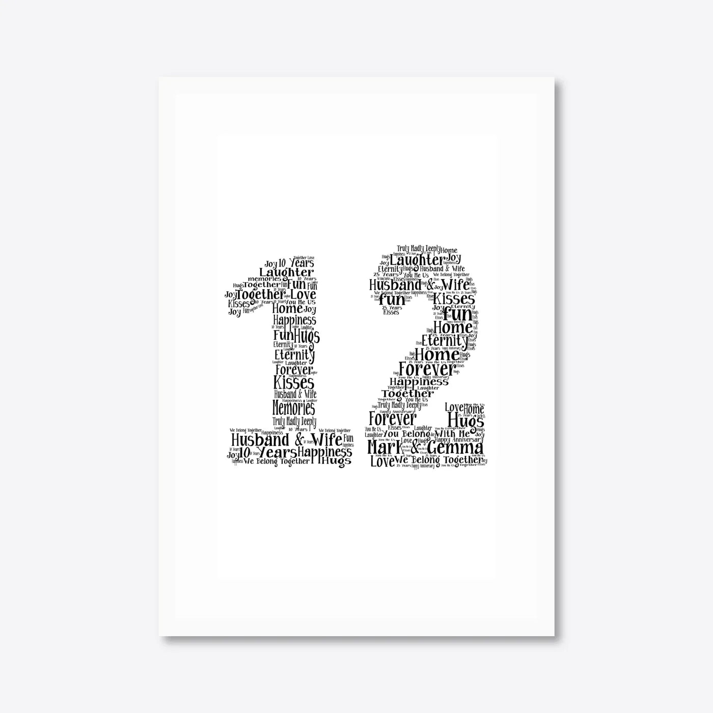 Personalised 25th Silver Anniversary Number Word Art – Names & Date – A3 – white frame