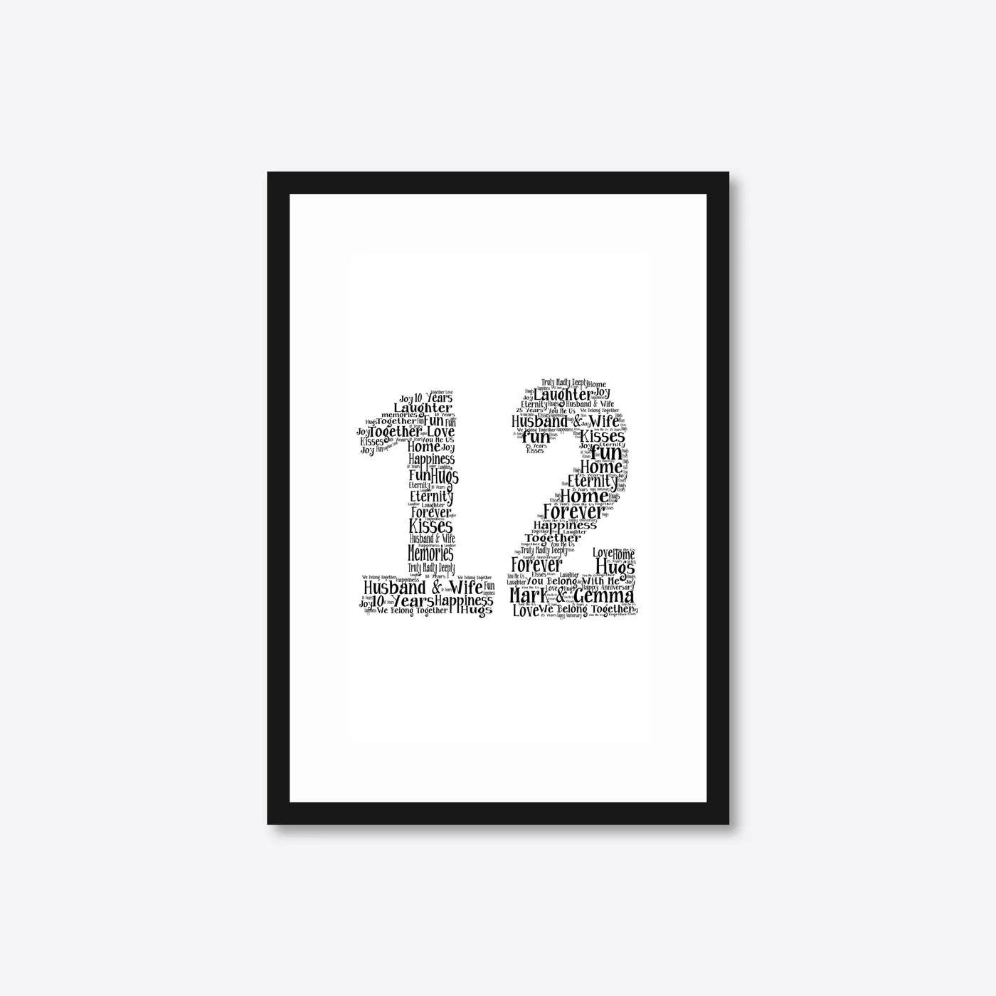 Personalised 25th Silver Anniversary Number Word Art – Names & Date – A4 – black frame