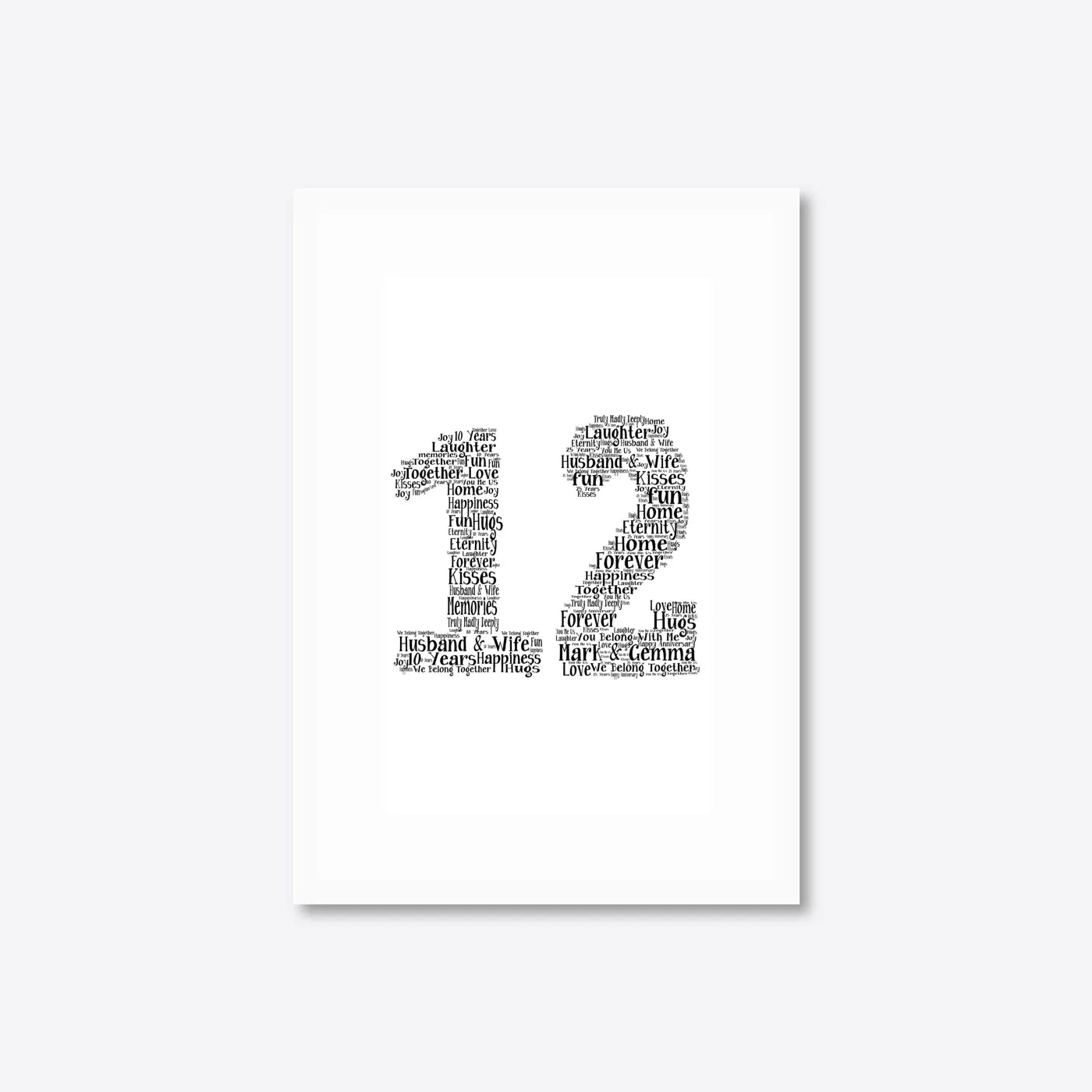 Personalised 25th Silver Anniversary Number Word Art – Names & Date – A4 – white frame