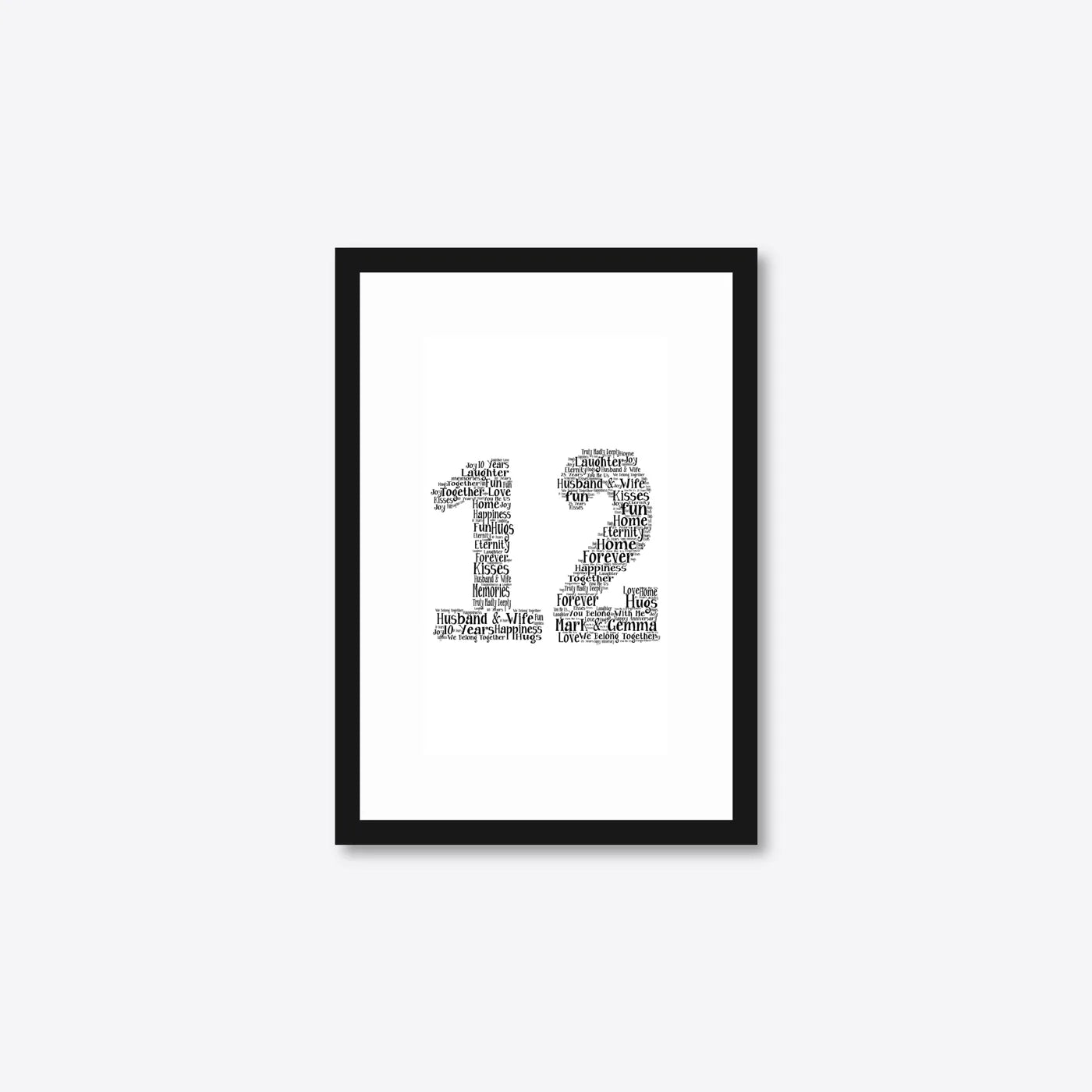 Personalised 25th Silver Anniversary Number Word Art – Names & Date – A5 – black frame