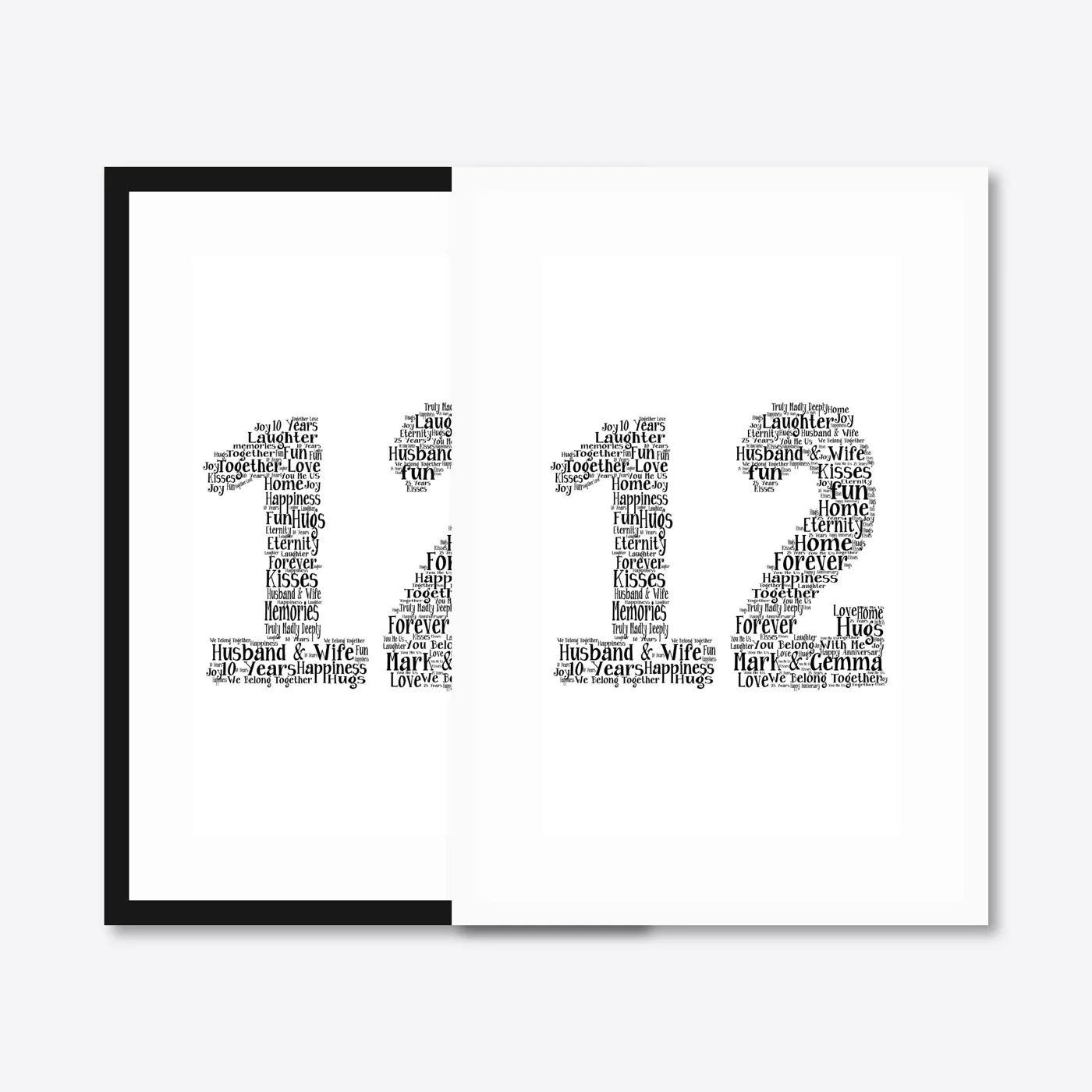 Personalised 25th Silver Anniversary Number Word Art – Names & Date – black & white frames side-by-side
