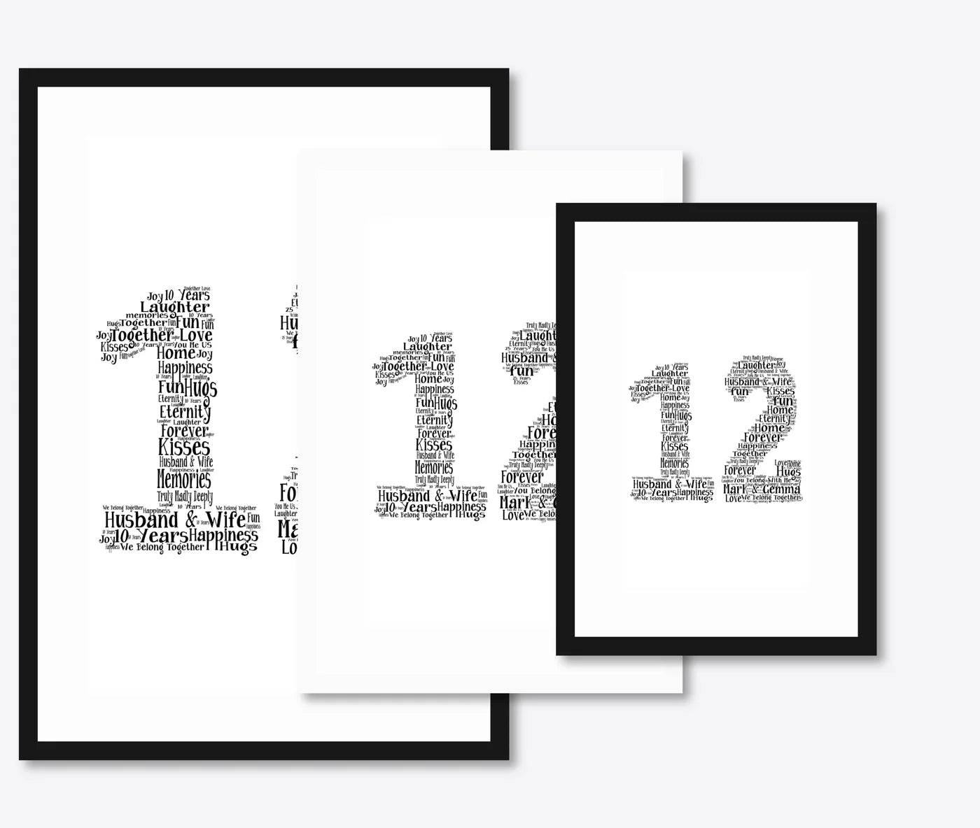 Personalised 25th Silver Anniversary Number Word Art – Names & Date – size lineup A3, A4, A5