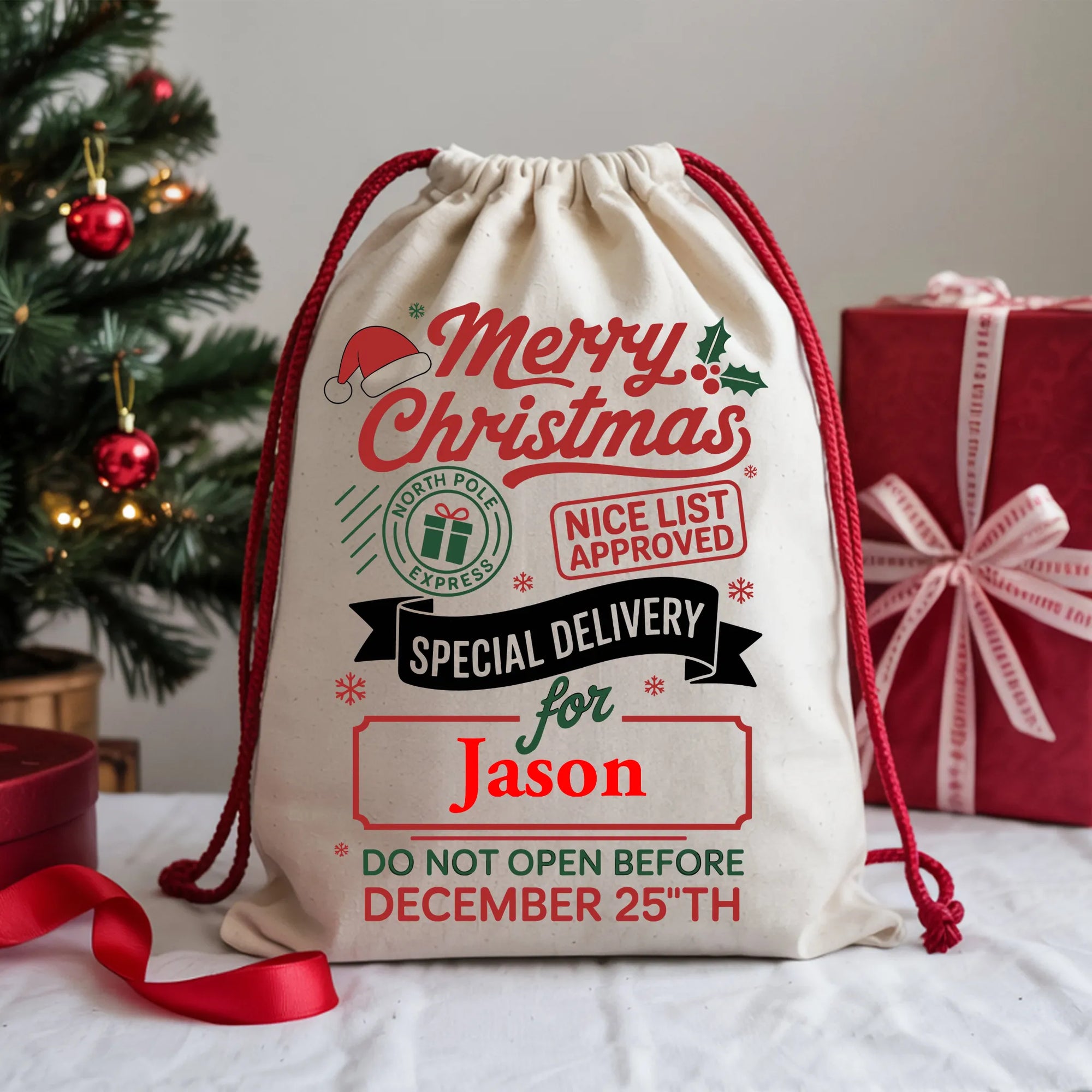 personalised merry christmas special delivery christmas sack festive north pole gift bag with custom name