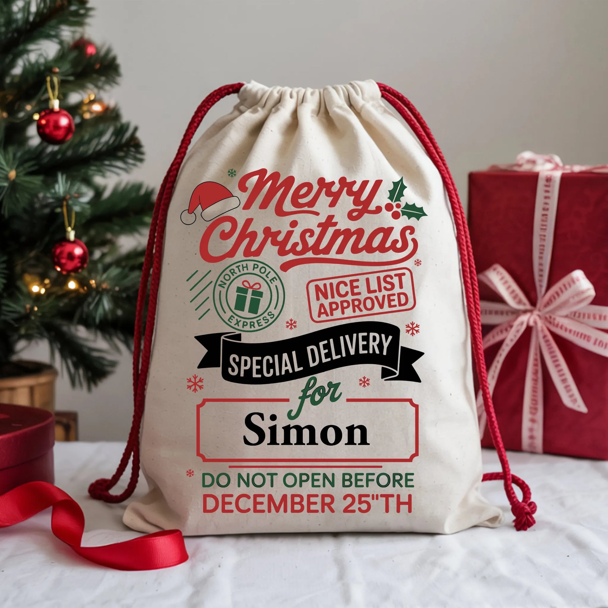 personalised merry christmas special delivery christmas sack festive north pole gift bag with custom name