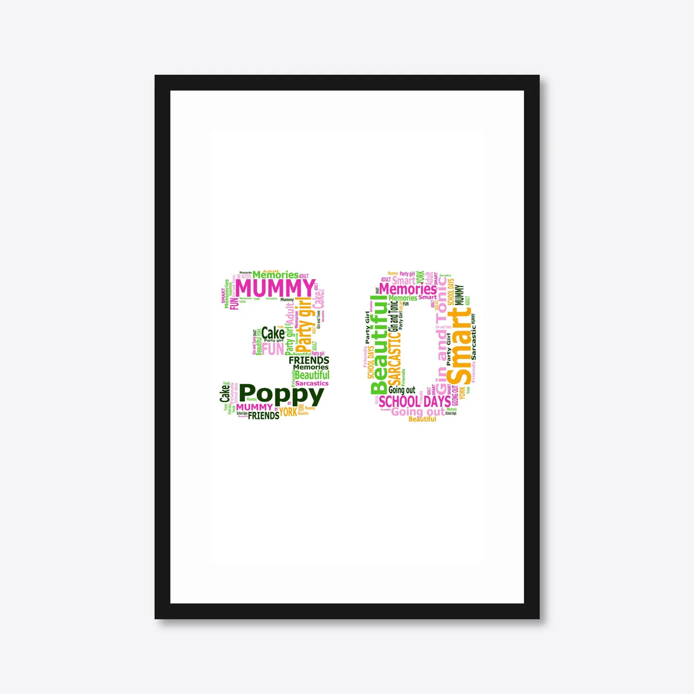 Personalised 30th Birthday Number Word Art – Colour Pop – Name & Memories – A3 – black frame