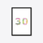Personalised 30th Birthday Number Word Art – Colour Pop – Name & Memories – A4 – black frame