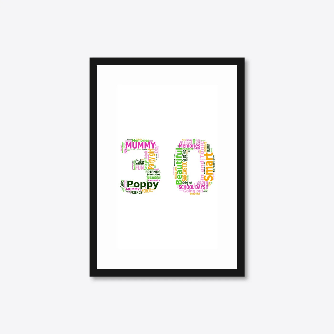 Personalised 30th Birthday Number Word Art – Colour Pop – Name & Memories – A4 – black frame