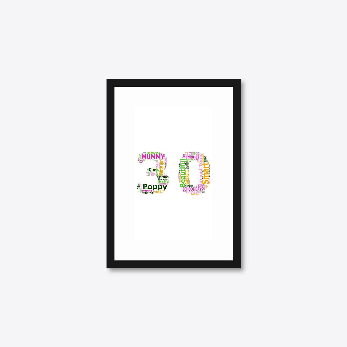 Personalised 30th Birthday Number Word Art – Colour Pop – Name & Memories – A5 – black frame
