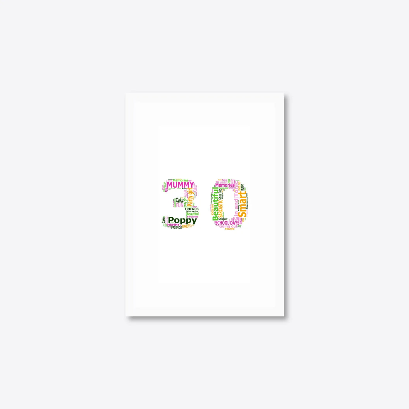 Personalised 30th Birthday Number Word Art – Colour Pop – Name & Memories – A5 – white frame