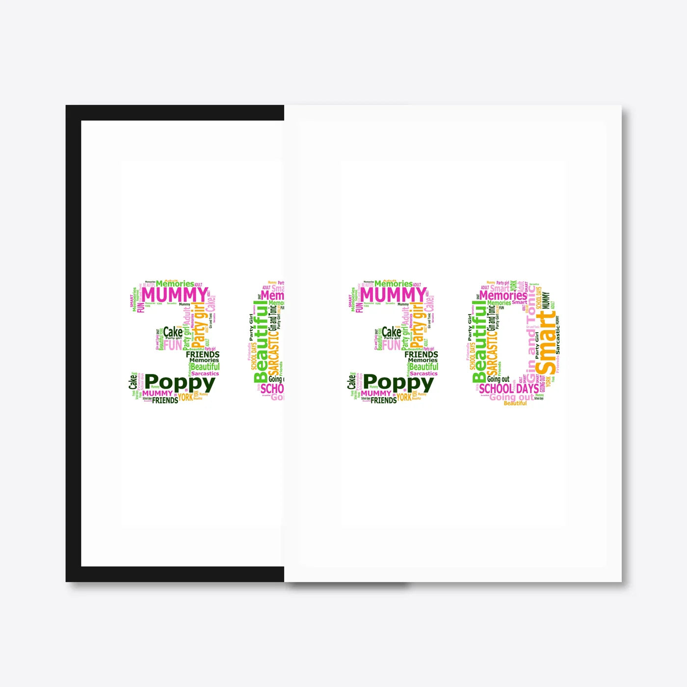 Personalised 30th Birthday Number Word Art – Colour Pop – Name & Memories – black & white frames side-by-side