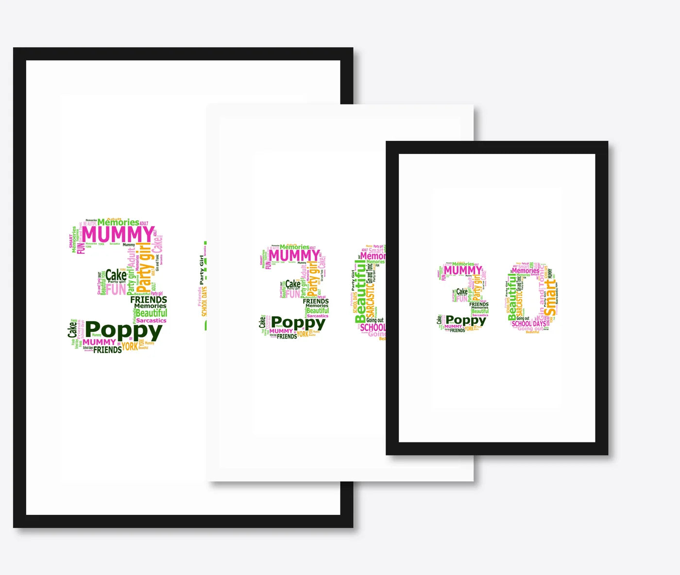 Personalised 30th Birthday Number Word Art – Colour Pop – Name & Memories – size lineup A3, A4, A5