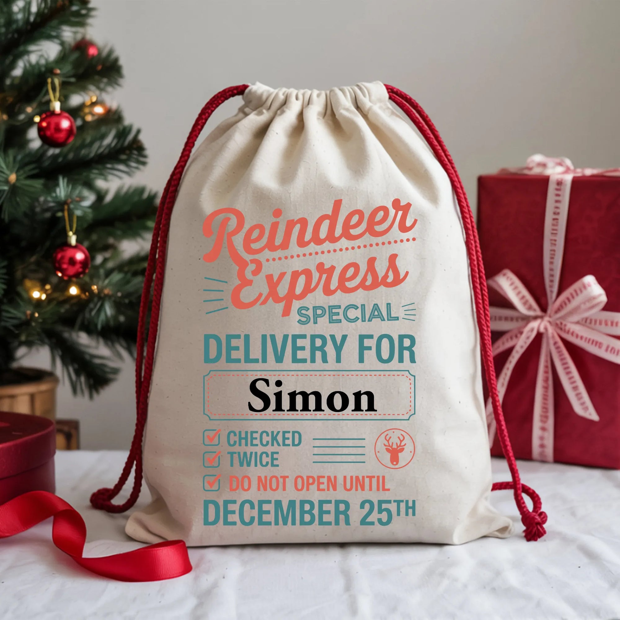festive custom name santa sack reindeer express special delivery christmas bag