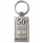 Personalised 50th birthday Aged to Perfection metal keyring with name