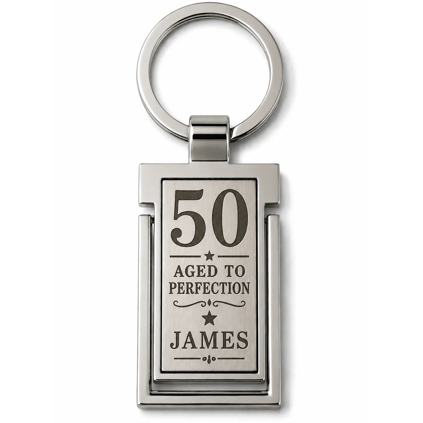 Personalised 50th birthday Aged to Perfection metal keyring with name