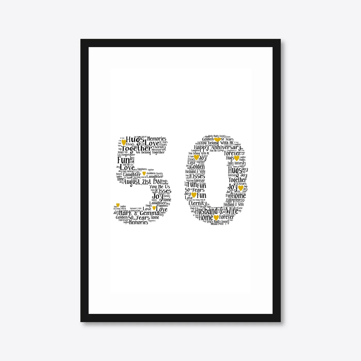 Personalised 50th Golden Anniversary Number Word Art – Names & Date – A3 – black frame