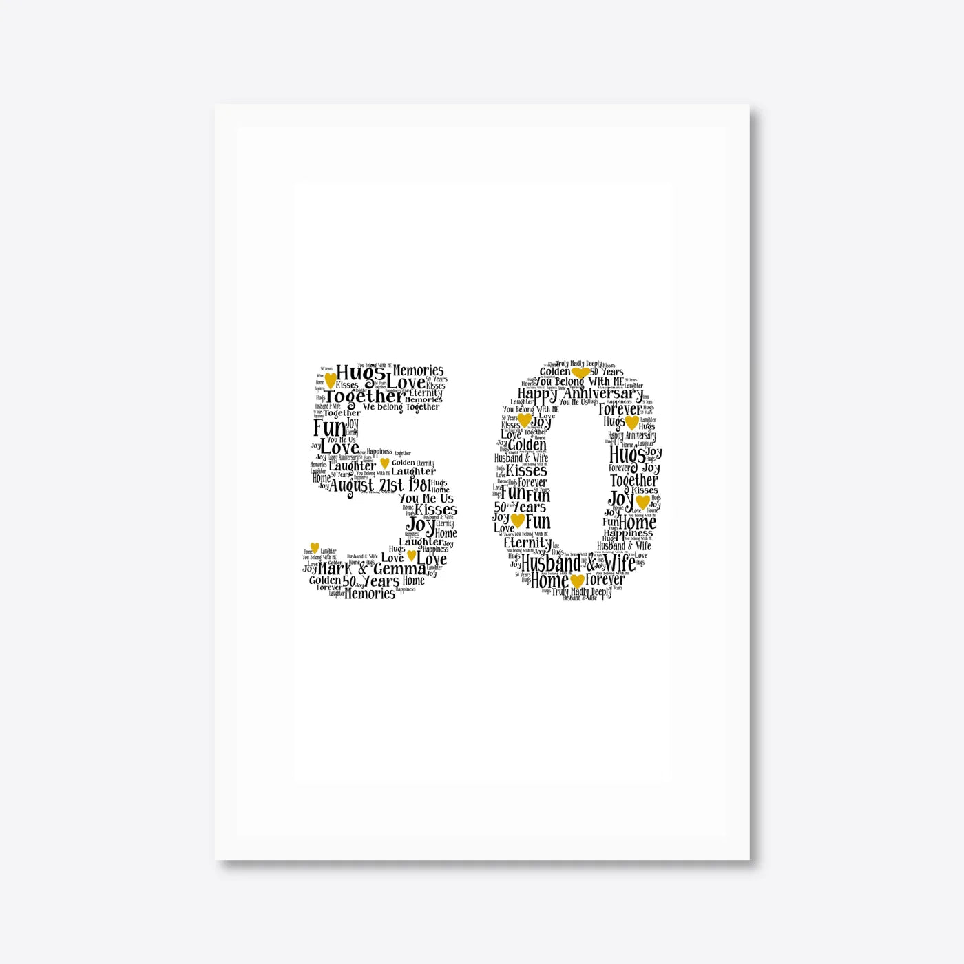 Personalised 50th Golden Anniversary Number Word Art – Names & Date – A3 – white frame