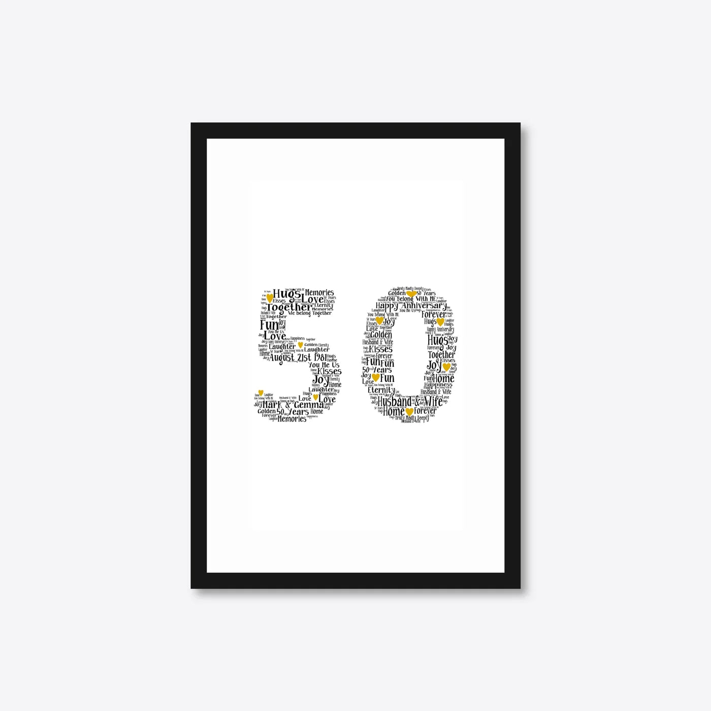 Personalised 50th Golden Anniversary Number Word Art – Names & Date – A4 – black frame