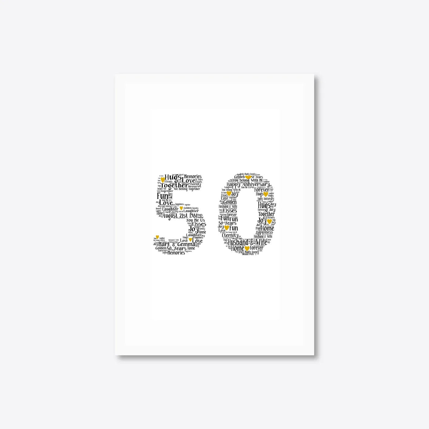 Personalised 50th Golden Anniversary Number Word Art – Names & Date – A4 – white frame