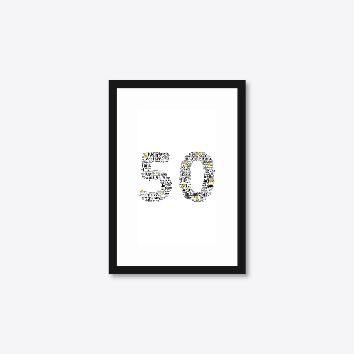 Personalised 50th Golden Anniversary Number Word Art – Names & Date – A5 – black frame