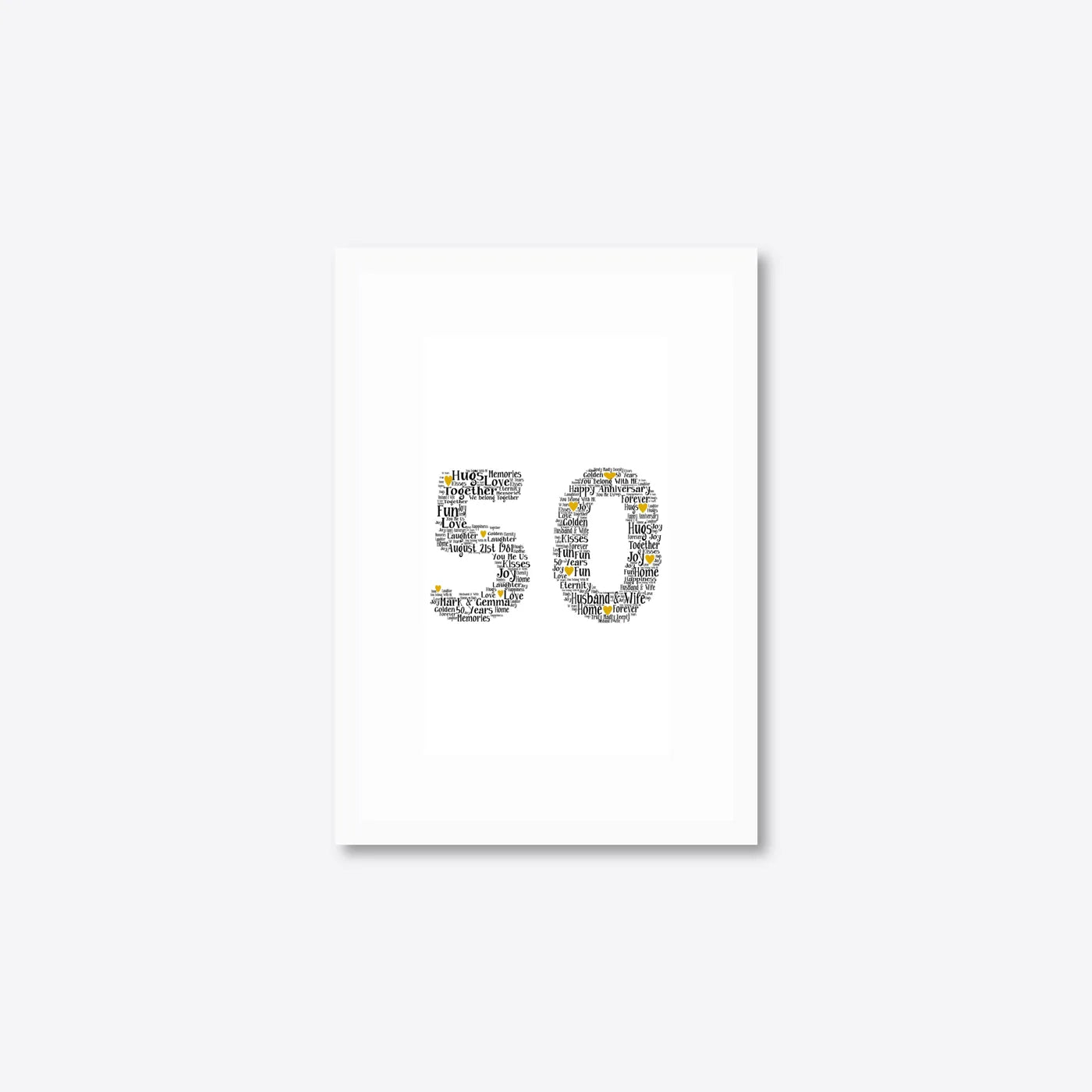 Personalised 50th Golden Anniversary Number Word Art – Names & Date – A5 – white frame