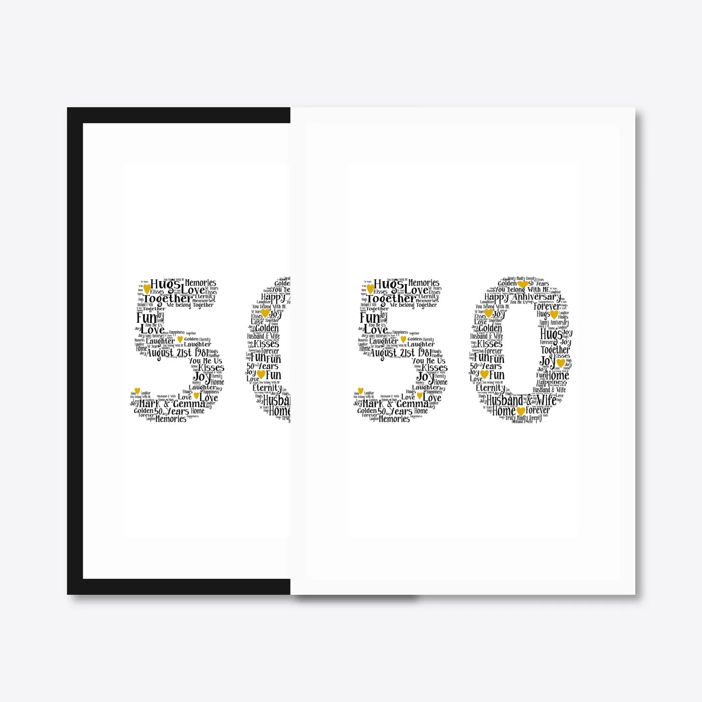 Personalised 50th Golden Anniversary Number Word Art – Names & Date – black & white frames side-by-side