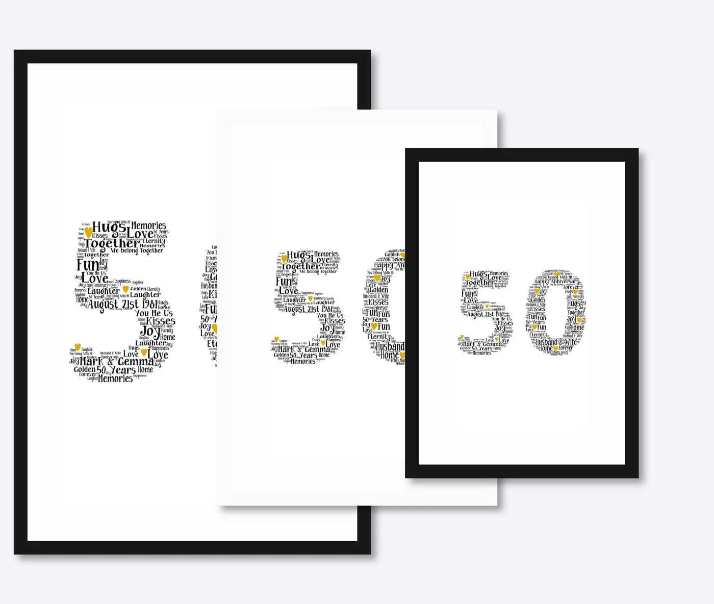 Personalised 50th Golden Anniversary Number Word Art – Names & Date – size lineup A3, A4, A5