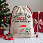 Personalised North Pole Post Christmas Sack with festive Express Delivery design