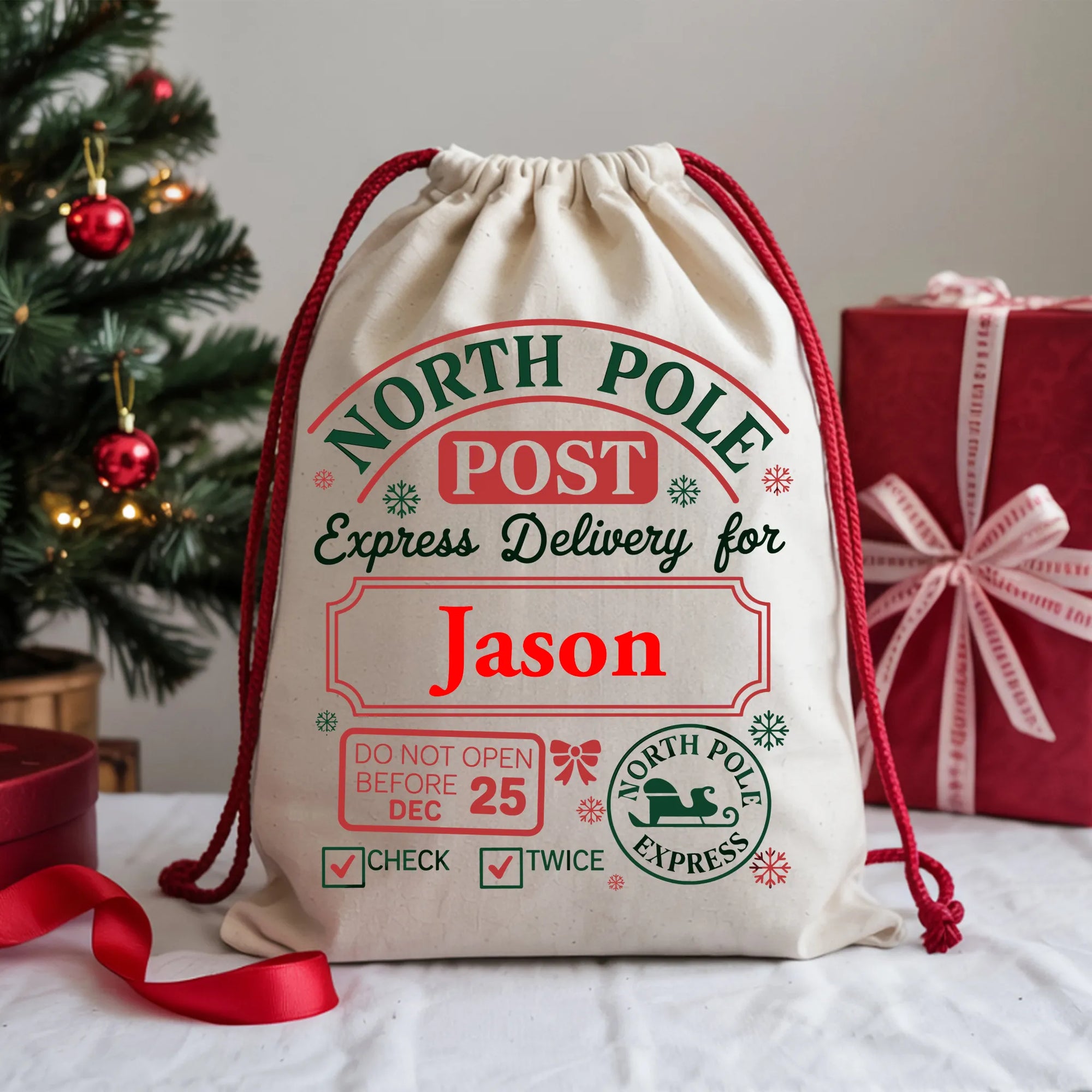 Personalised North Pole Post Christmas Sack with festive Express Delivery design