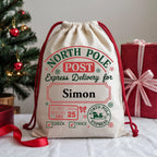 Custom Christmas gift sack with North Pole Post print and personalised name area