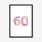 Personalised 60th Birthday Number Word Art – Warm Tones – Name & Memories – A3 – black frame
