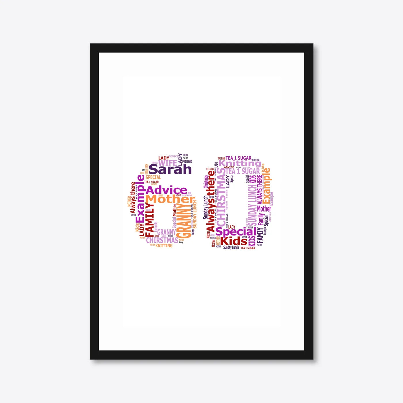 Personalised 60th Birthday Number Word Art – Warm Tones – Name & Memories – A3 – black frame