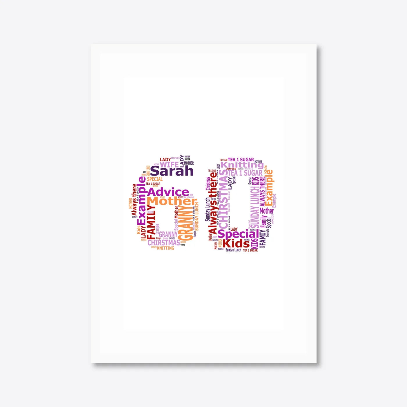 Personalised 60th Birthday Number Word Art – Warm Tones – Name & Memories – A3 – white frame