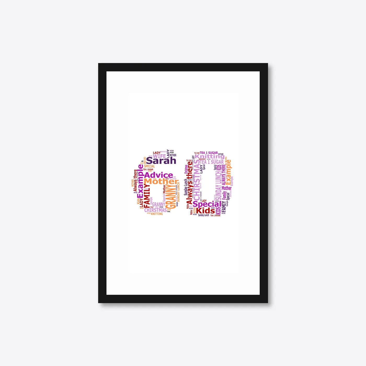 Personalised 60th Birthday Number Word Art – Warm Tones – Name & Memories – A4 – black frame