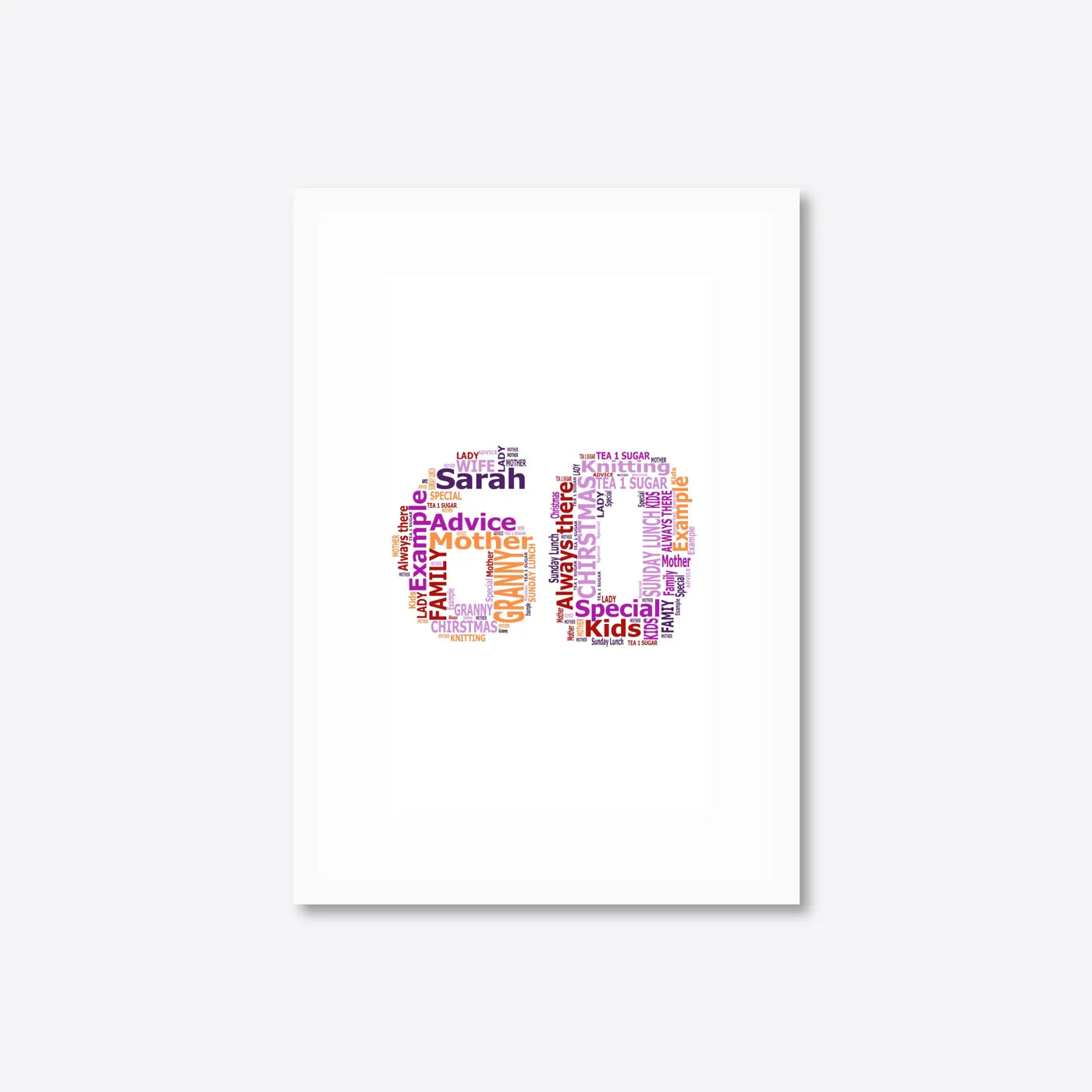Personalised 60th Birthday Number Word Art – Warm Tones – Name & Memories – A4 – white frame
