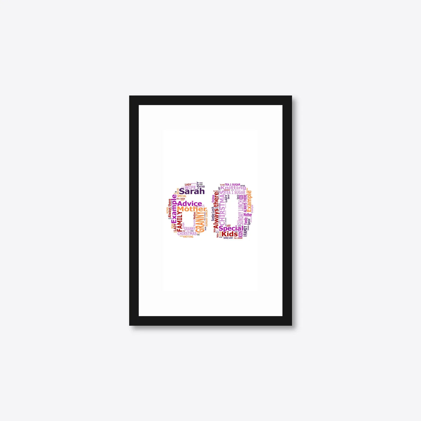 Personalised 60th Birthday Number Word Art – Warm Tones – Name & Memories – A5 – black frame
