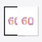 Personalised 60th Birthday Number Word Art – Warm Tones – Name & Memories – black & white frames side-by-side