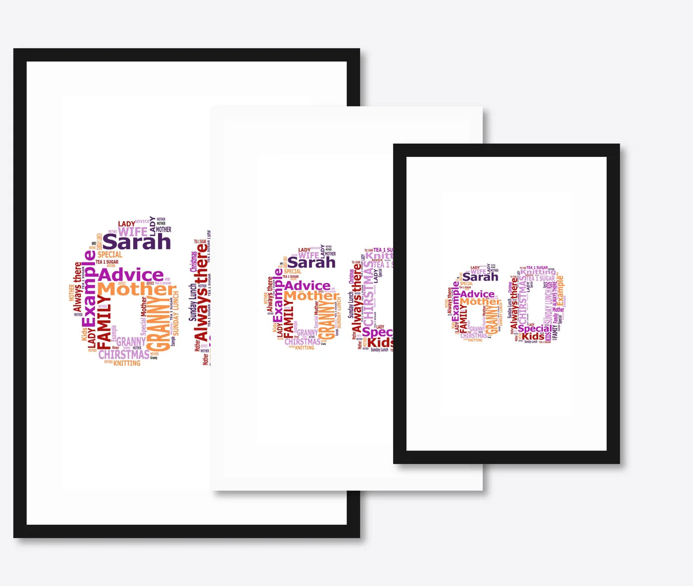 Personalised 60th Birthday Number Word Art – Warm Tones – Name & Memories – size lineup A3, A4, A5