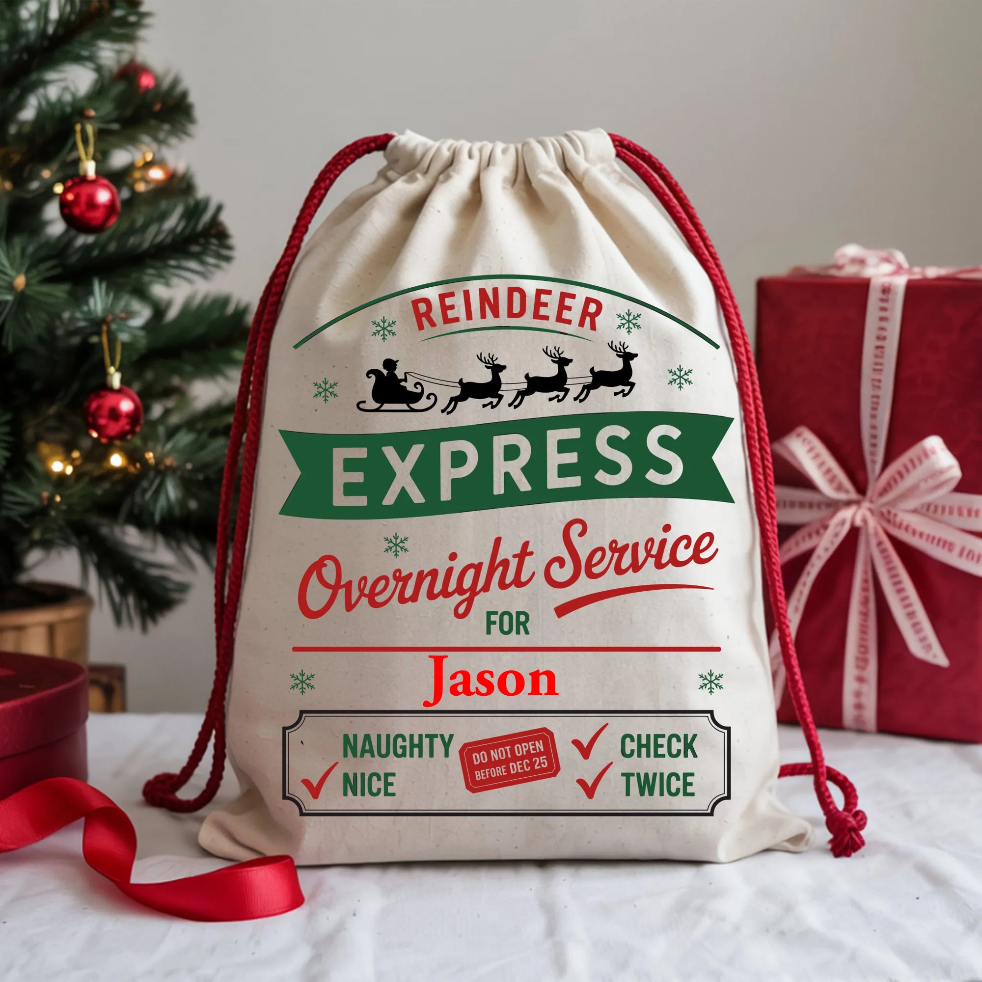 Personalised Reindeer Express Christmas sack with festive red and green design