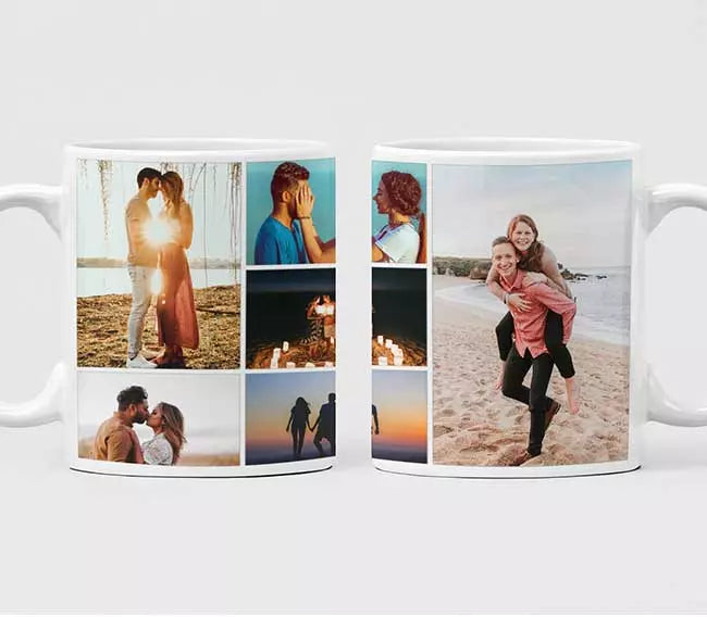 Custom photo mug gift with multiple images for birthdays or anniversaries