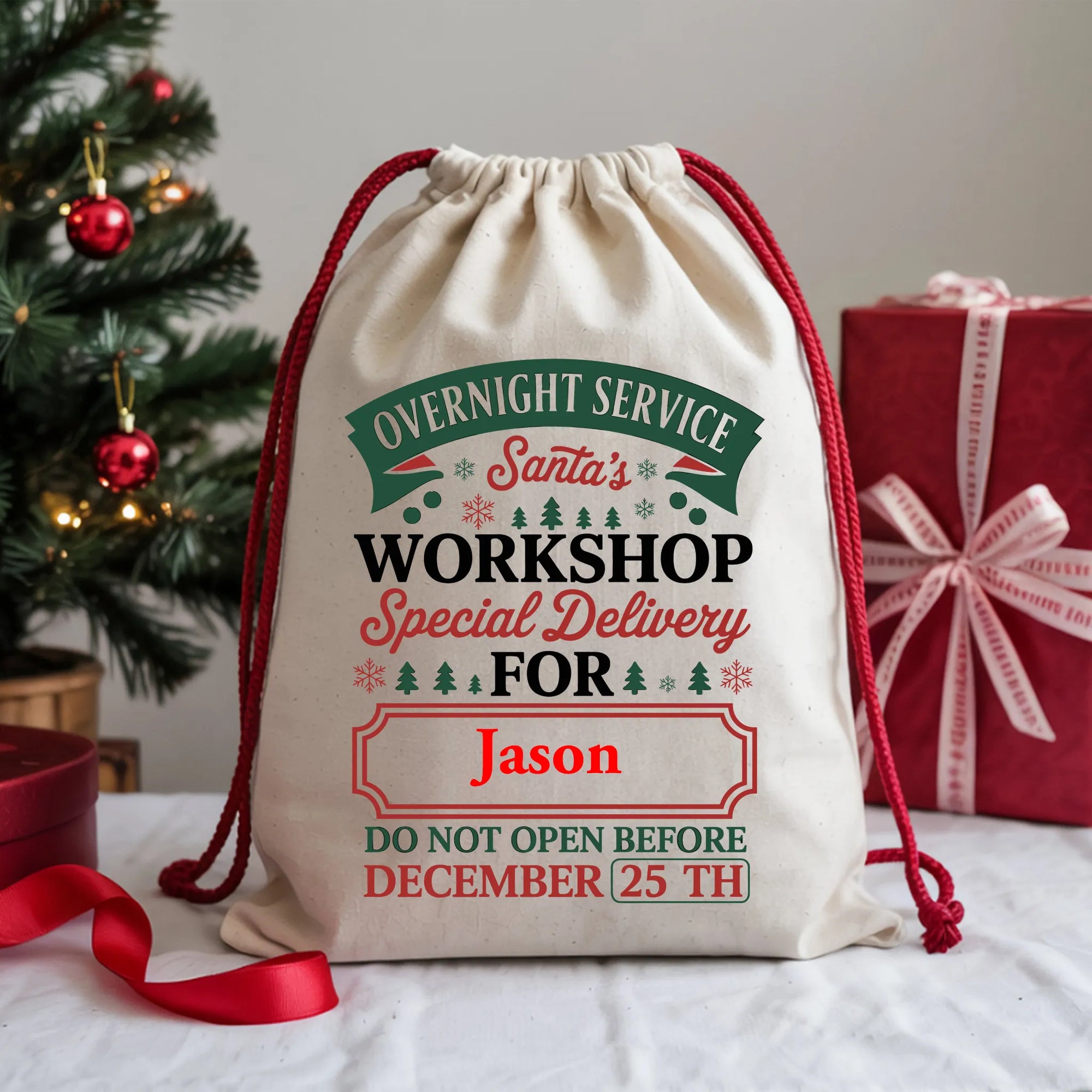 Personalised Santa’s Workshop Christmas Sack with festive delivery design