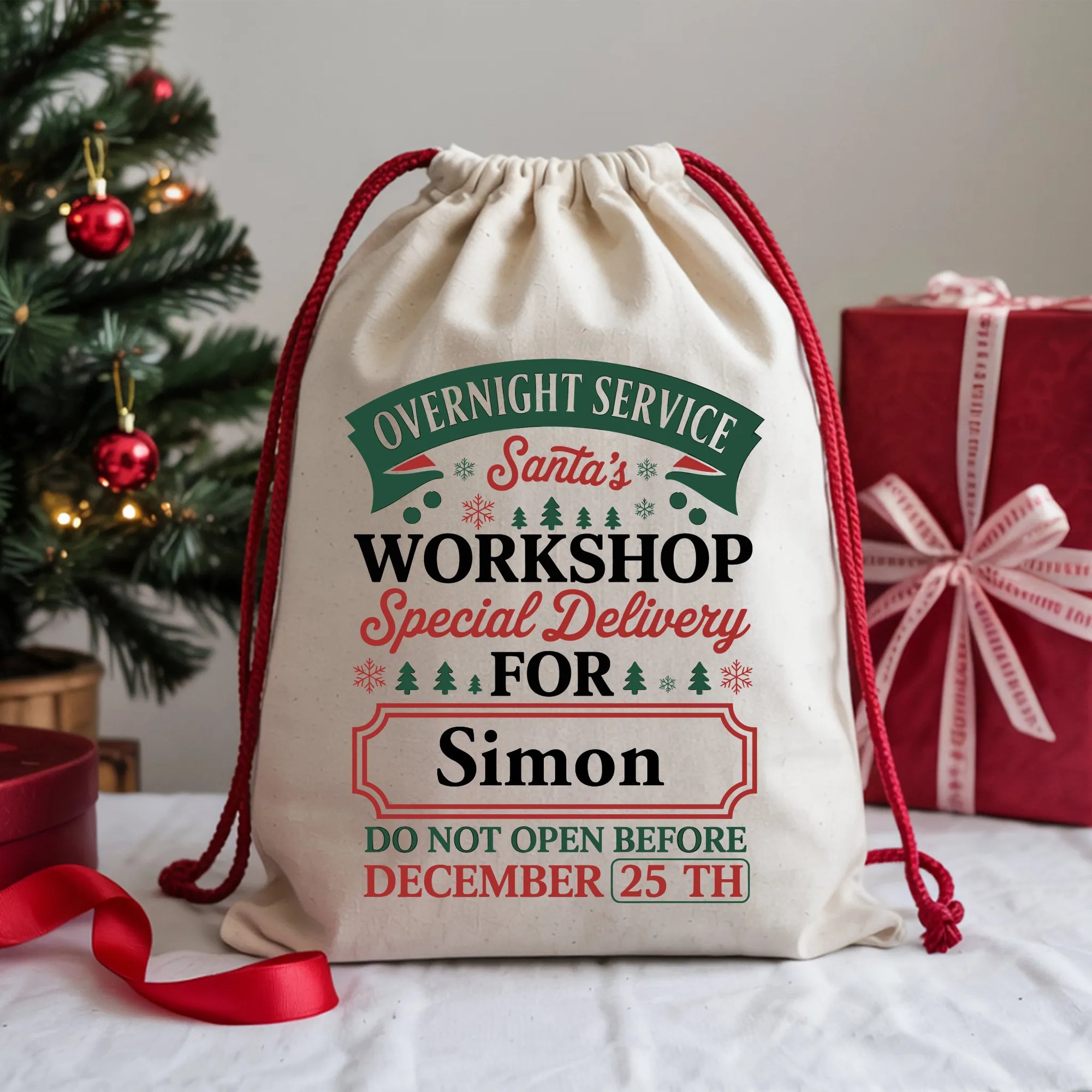 Custom North Pole Workshop Gift Sack with name personalisation