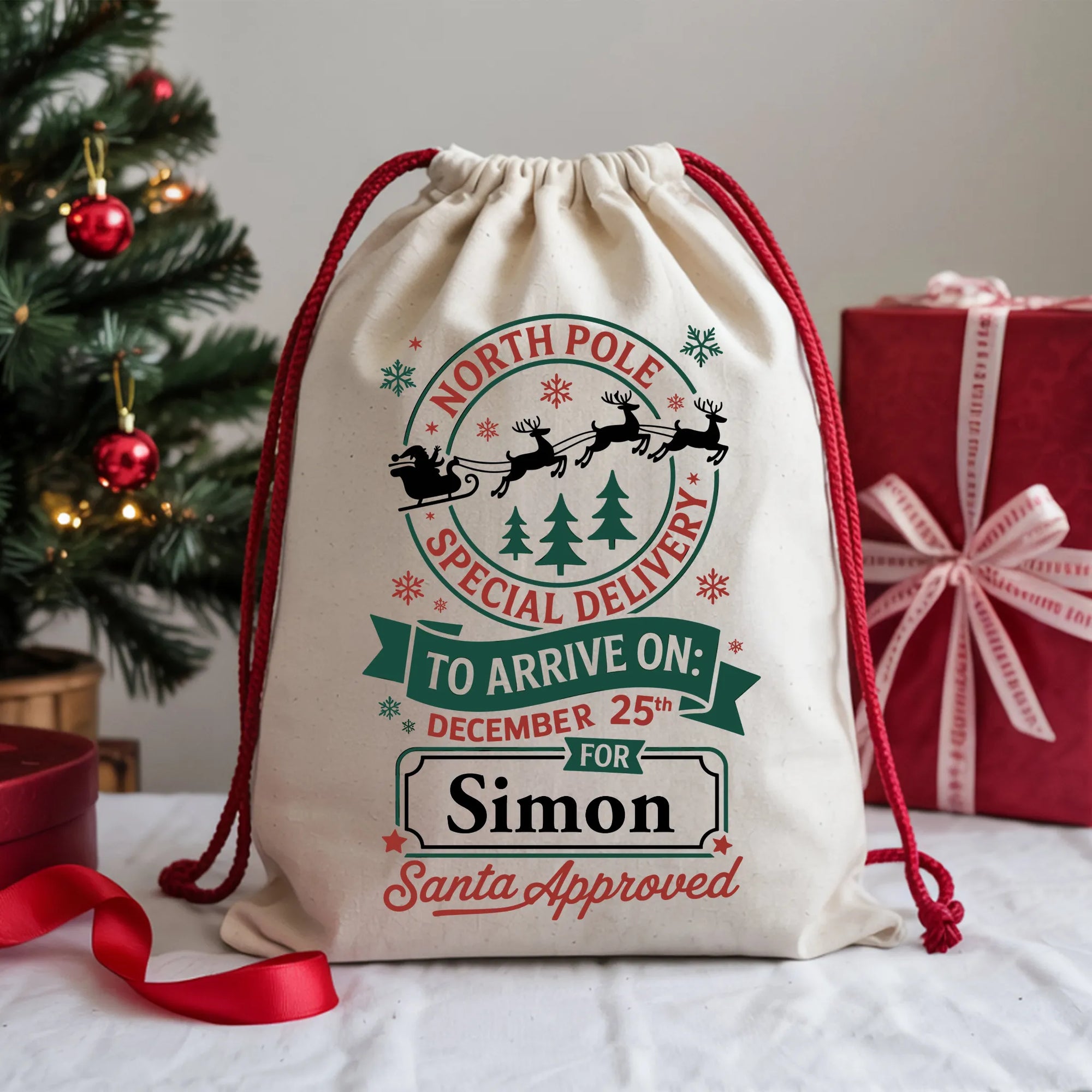 Custom Santa Delivery Gift Sack with Festive Reindeer and Christmas Design