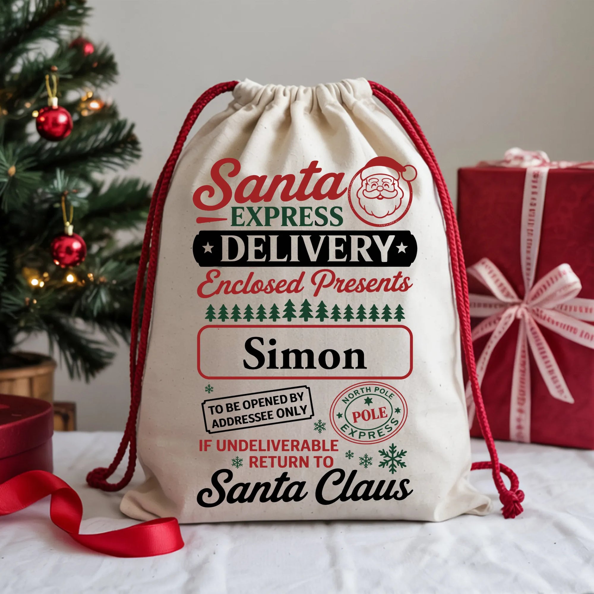 Custom Christmas gift sack with Santa Express artwork and name personalisation