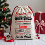 Personalised Santa Express Delivery Christmas Sack with festive red and green design
