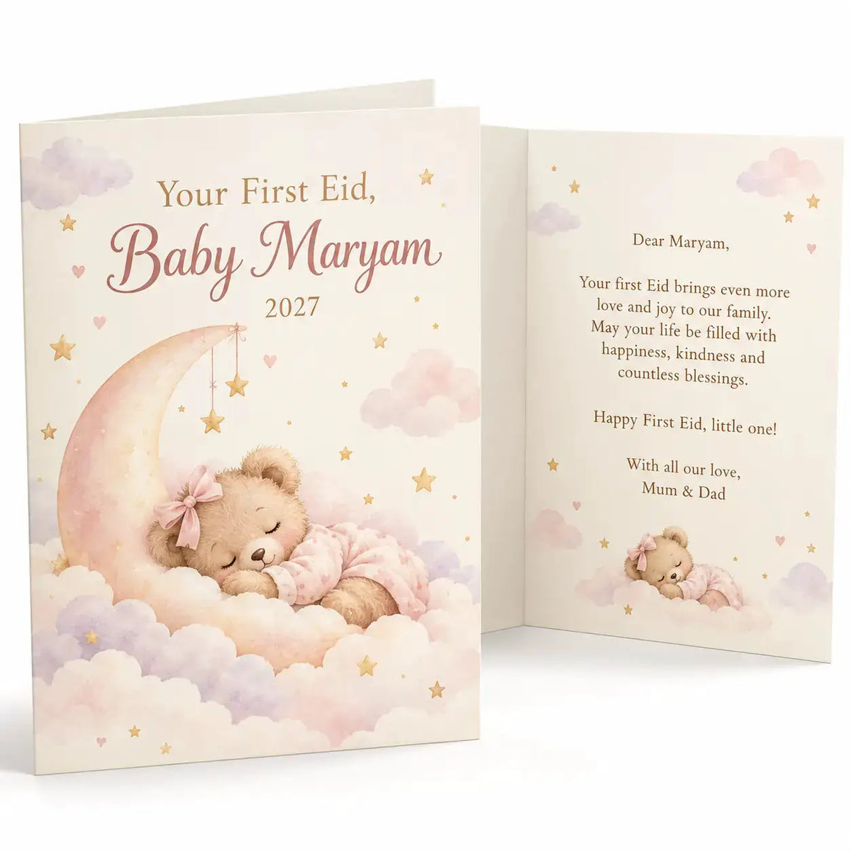 Personalised baby girl's first Eid card with sleeping teddy bear on a pastel crescent moon, gold stars and Baby Maryam name.