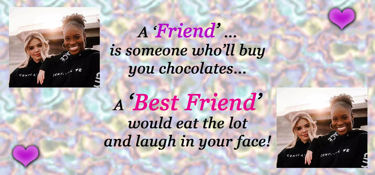 Funny personalised friendship ceramic mug featuring a friend versus best friend quote and space for two favourite photos.