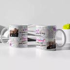 Personalised funny best friend photo mug with two custom photographs and humorous friendship quote, a birthday gift for besties.