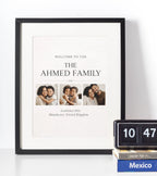 Personalised family name wall art print in black frame mockup, elegant custom home décor gift with photo and established date – modern UK housewarming present idea