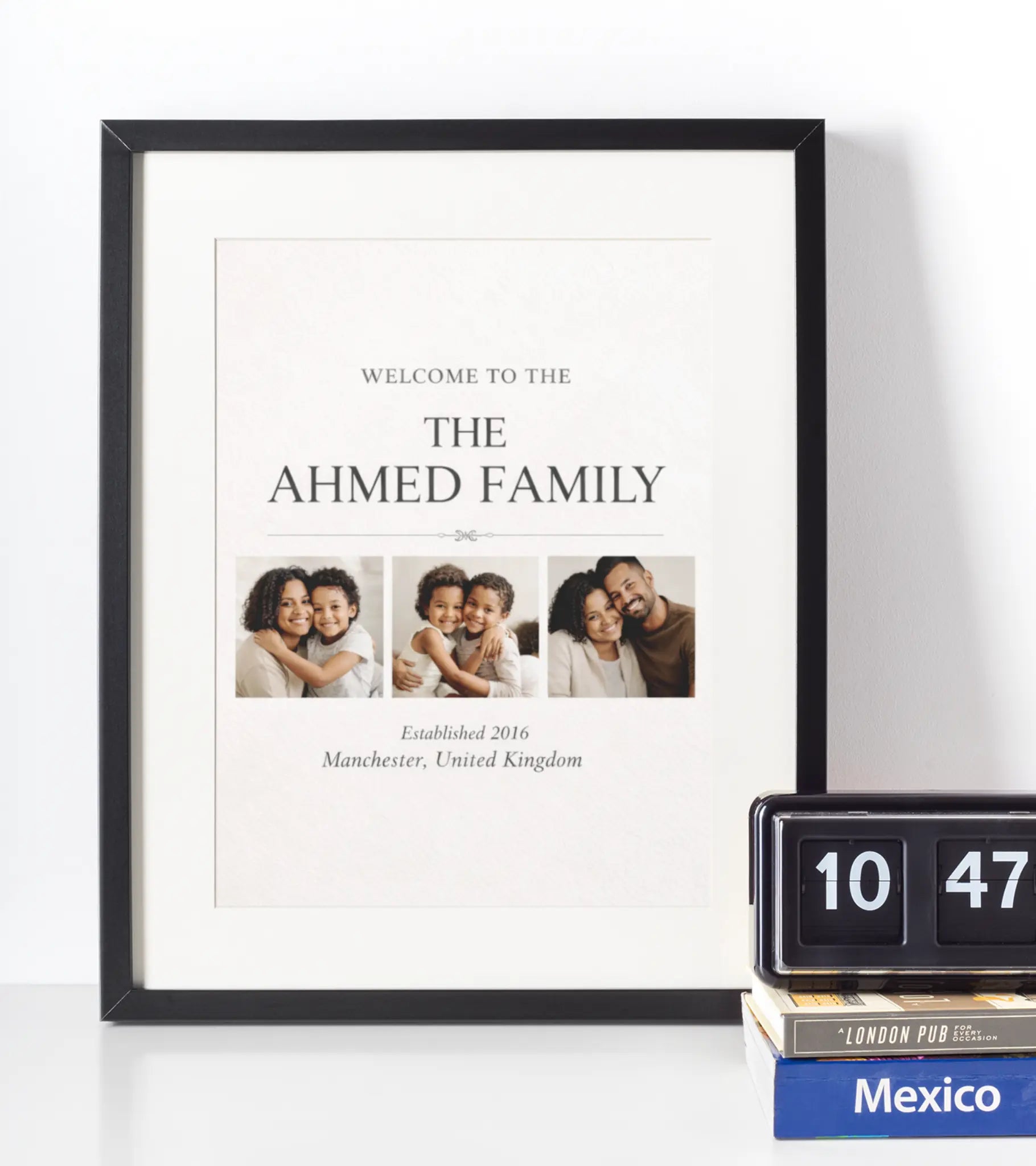 Personalised family name wall art print in black frame mockup, elegant custom home décor gift with photo and established date – modern UK housewarming present idea